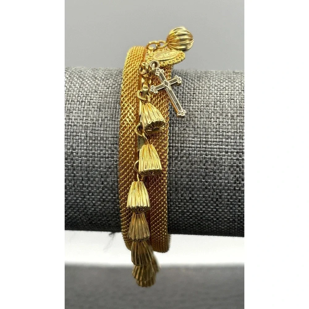 Vintage Mesh Bracelet Cuff Charm Dangle Cross Madonna Medal Gold Tone